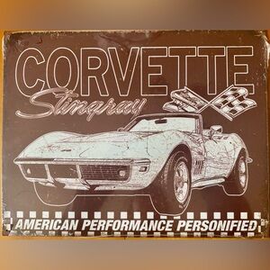 Corvette Stingray Retro Metal Sign - Brown & Cream